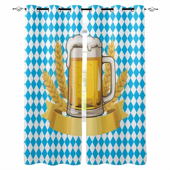 Cartoon Beer Blackout Curtains for Bedroom/Living Room, Thermal Insulated Kitchen Curtains, Funny Wheat Abstract Blue White Plaid Grommet Darkening Window Treatment Drapes 42"x84"x2