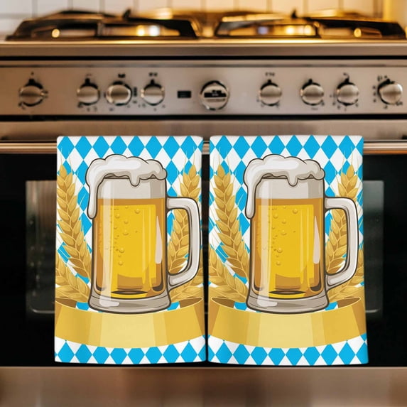 Cartoon Beer Kitchen Towels Set of 3, Funny Wheat Abstract Blue White Plaid Absorbent Dish Towels for Kitchen, Microfiber Hand Towel, Quick Drying Tea Towel for Cleaning Decorative Dishcloths