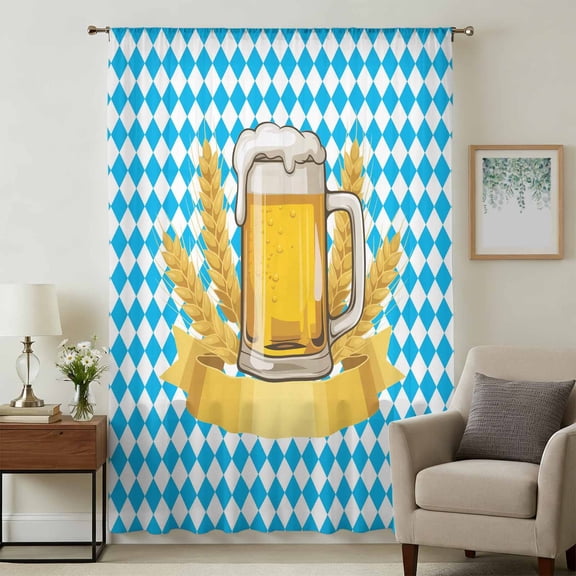 Cartoon Beer Sheer Curtains 45 Inches Long, Funny Wheat Abstract Blue White Plaid Light Filering Curtains, Breathable Simi Curtain Privacy Drapes for Kitchen Bathroom Small Window Treatment