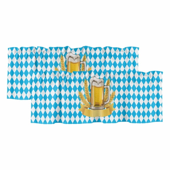 Cartoon Beer Valances for Windows, Decorative Rod Pocket Window Valance Curtains, Funny Wheat Abstract Blue White Plaid Short Curtain Drapes for Kitchen/Bathroom/Living Room, 2 Panels, 42" W x 18" L