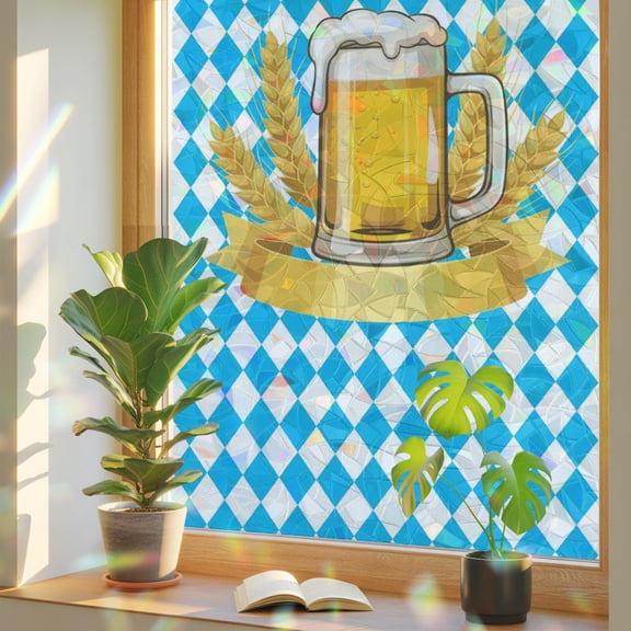 Cartoon Beer Window Privacy Film Rainbow Static Cling Stain Glass Window Film for Glass Door, Decorative Heat Blocking Sunroof Decal Sticker for Car 17.7"x39.3" Funny Wheat Abstract Blue White Plaid