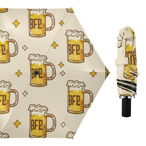 Cartoon Beers and Stars All Weather Umbrella Triple Folding Parasol 6 Ribs UV Protection Portable