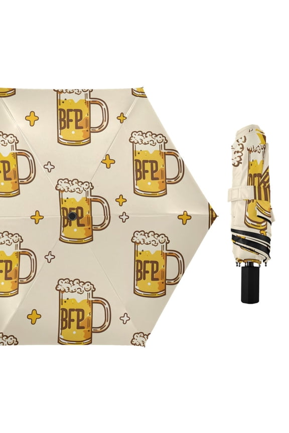 Cartoon Beers and Stars All Weather Umbrella Triple Folding Parasol 6 Ribs UV Protection Portable
