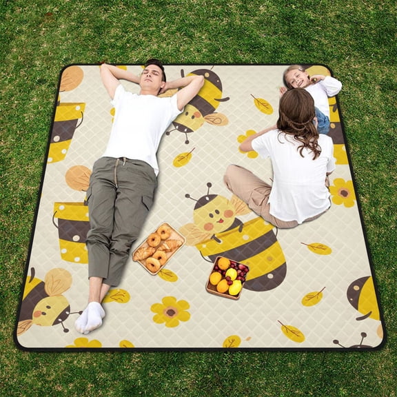 Cartoon Bees Honey Beach Blanket Outdoor Picnic Blanket 78"x 78" Waterproof Foldable for Beach Camping Travel Hiking Grass Lawn Park
