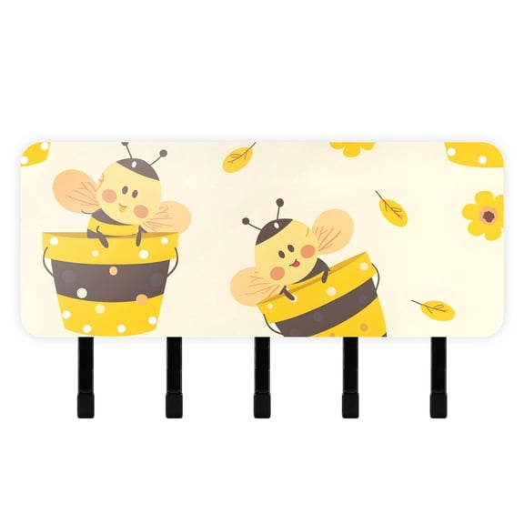 Cartoon Bees Honey Mail Holder Organizer Wall Mount with Shelf Key Holder Key Rack with 5 Key Hooks for Wall Decorative