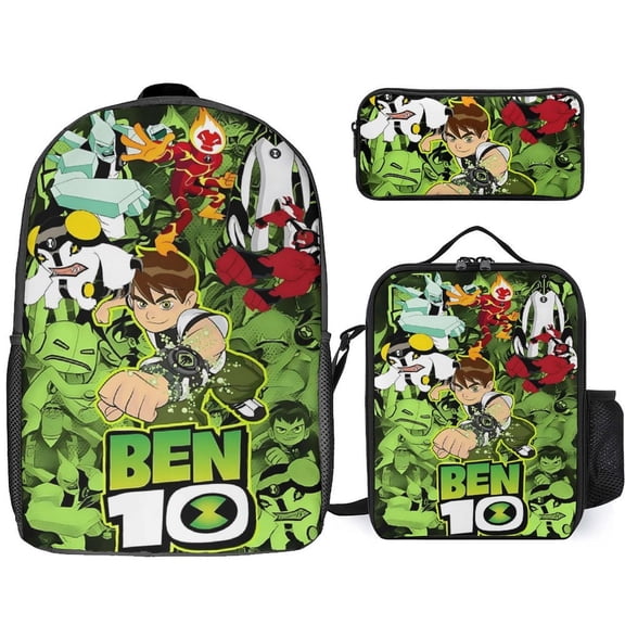Cartoon Ben 10 3Pcs Game Backpack Set, 17Inch Daypack with Lunch Box And Pencil Case, Casual Large Capacity College Laptop Bag Travel Gifts