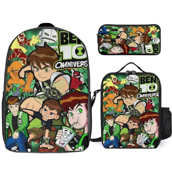 Cartoon Ben 10 3Pcs Game Backpack Set, 17Inch Daypack with Lunch Box And Pencil Case, Casual Large Capacity College Laptop Bag Travel Gifts