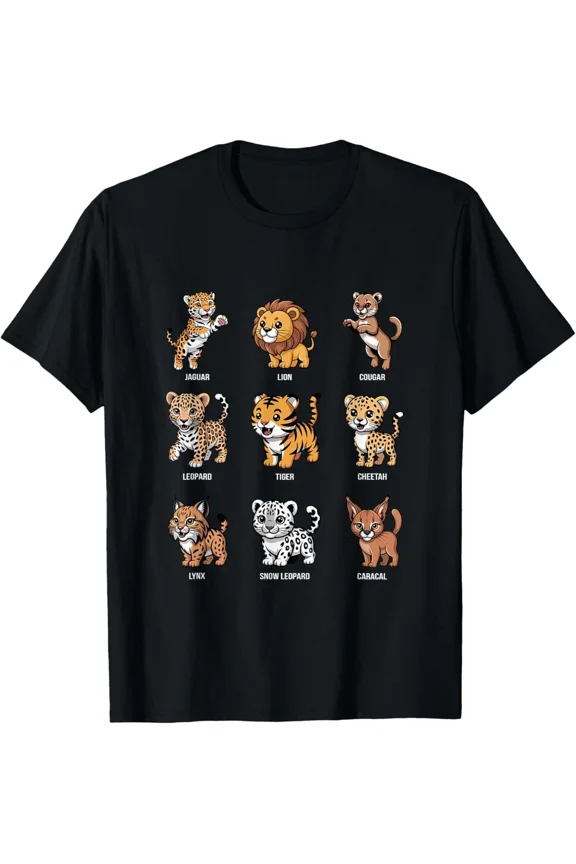 Cartoon Big Cats Lion Tiger Jaguar Snow Leopard Wildlife Unisex T-Shirt, up to Size 5XL