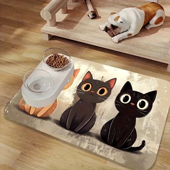 Cartoon Big-Eyed Cat Design Diatomaceous Earth Pet Mat - Waterproof & Non-Slip Pet Dining Mat With Non-Slip Bottom, Direct From Manufacturer - For Dogs & Cats, Sizes A & L