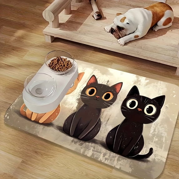 Cartoon Big-Eyed Cat Design Diatomaceous Earth Pet Mat - Waterproof & Non-Slip Pet Dining Mat With Non-Slip Bottom, Direct From Manufacturer - For Dogs & Cats, Sizes A & L