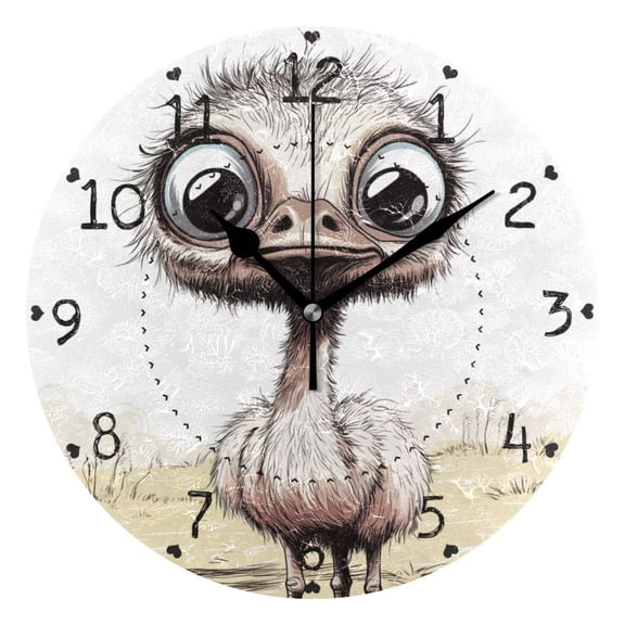 Cartoon Big Eyes Ostrich Round Wall Clock Silent Battery Operated Home Decor for Living Room Bedroom