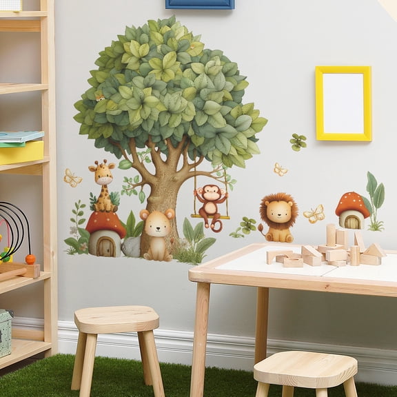 Cartoon Big Tree Wall Sticker with Mushroom House and Cute Animals - Enchanting Kids' Room Decor