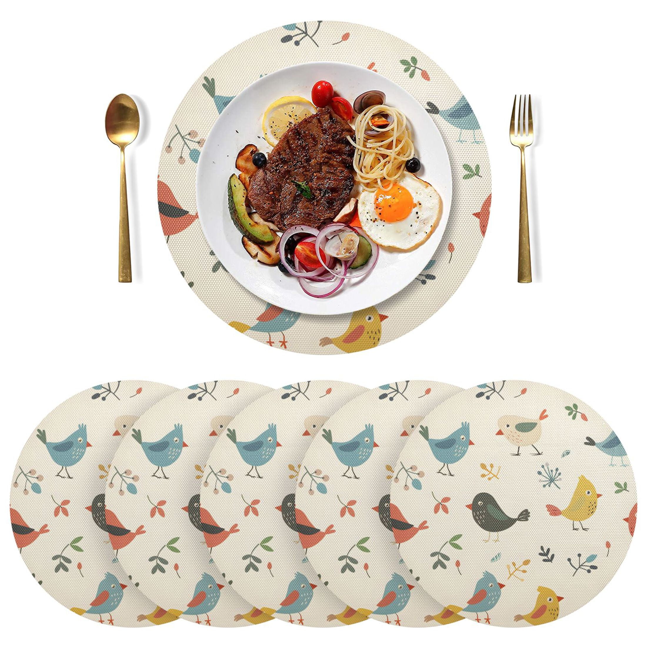 Cartoon Bird and Leaf Round Placemats Set of 6 PVC Table Place Mats Non