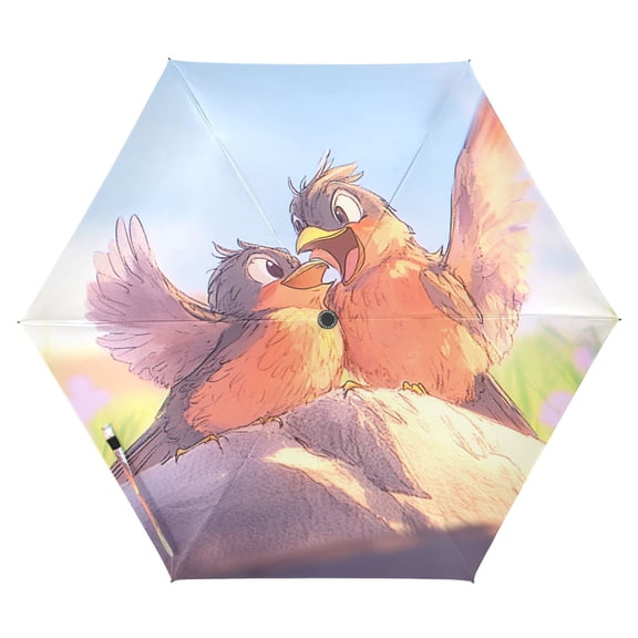 Cartoon Birds Singing Folding Umbrella UV50+ Waterproof Sun Protection Auto Open Close Compact Fiberglass Frame
