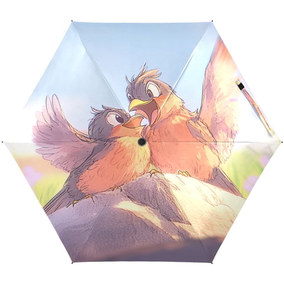 Cartoon Birds Singing Umbrellas for Sun Auto Open Close UV50+ Waterproof 5-Fold Compact Fiberglass Frame