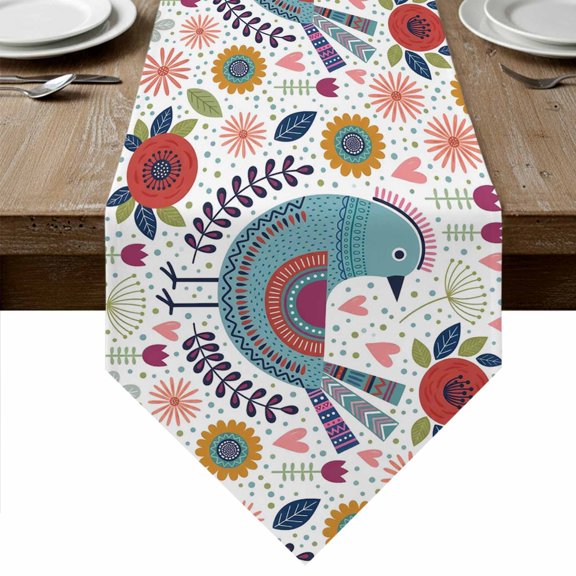 Cartoon Birds Table Runner Linen Burlap Table Runner 36 Inches Small Colorful Botanical Plants Flowers Herbs Dresser Scarves for Kitchen Island Coffee Dining Room Party Holiday Decoration 13"x36"