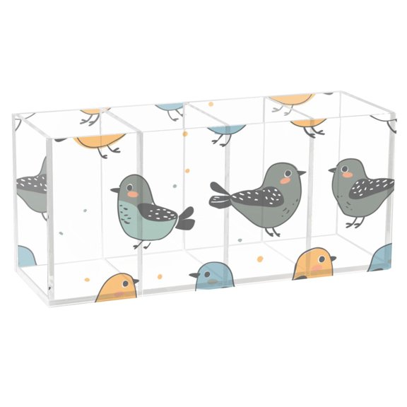 Cartoon Birds and Dots Acrylic Pencil Pen Holder Cup 4 Compartments Desktop Organiser 7.87"x2.78"x3.54"