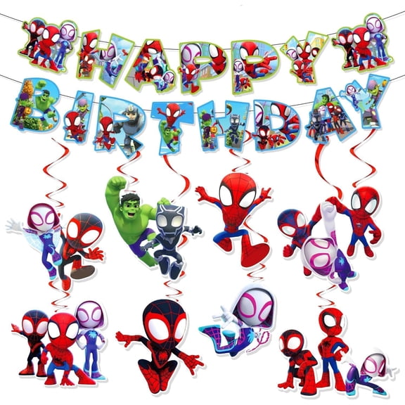 Cartoon Birthday Banner and Hanging Swirls - Spider Cat Day Happy Banner with Cartoon Hero Swirls, Cute Decorations for Boys and Girls, Party Hanging Decorations
