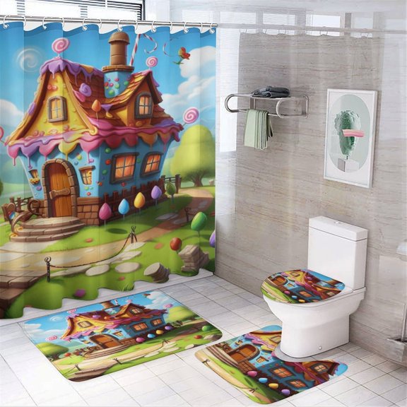 Cartoon Birthday Cake Bathroom Sets with Shower Curtain And Rugs, Incl with 12 Hooks，Toilet Lid Oval Rug
