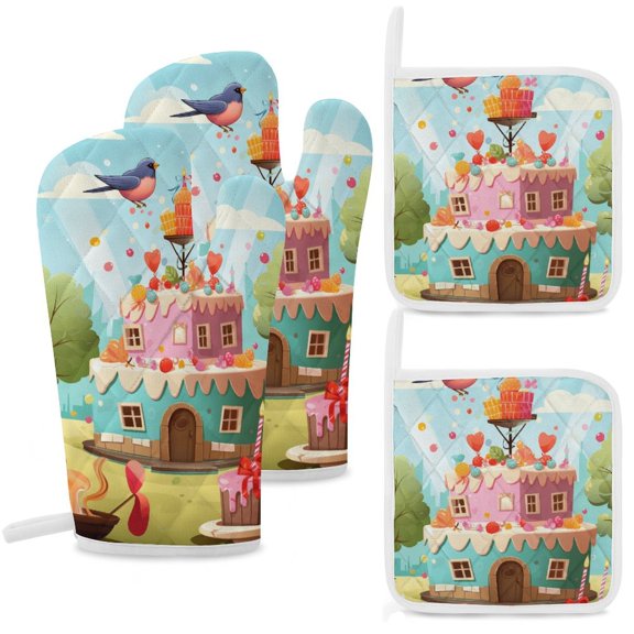 Cartoon Birthday Cake Oven Mitt And Pot Holder Set Oven Glove for Kitchen Baking Cooking Grilling