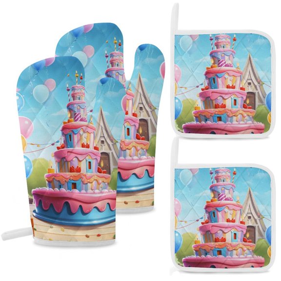 Cartoon Birthday Cake Oven Mitt And Pot Holder Set Oven Glove for Kitchen Baking Cooking Grilling