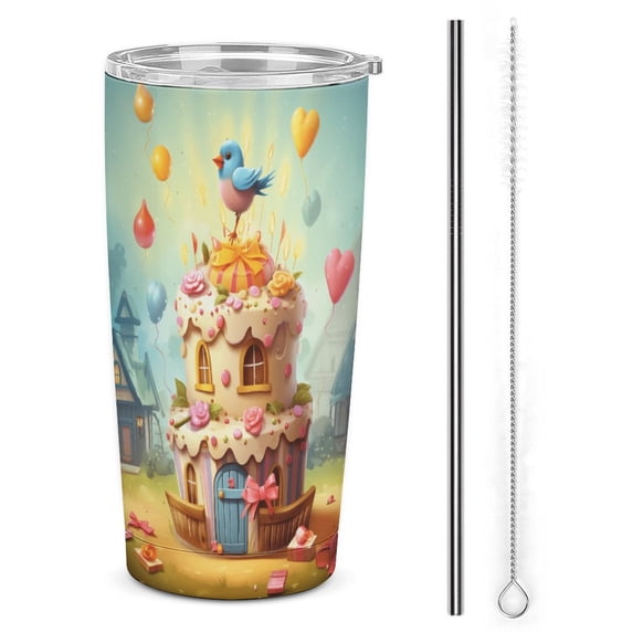 Cartoon Birthday Cake Tumbler Print 20oz Stainless Steel Coffee Cup with Lid & Straw Double Wall Insulated Tumbler