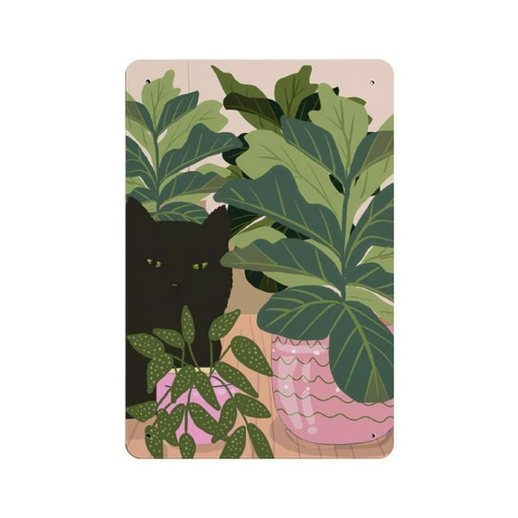 Cartoon Black Cat And Plants tin signs Nordic Wall Art Painting Outdoor Bath Prints Funny Pictures For Bathroom Home Decor,Retro style, farmhouse decoration, bar,garage, tin sign 8x 12 inches