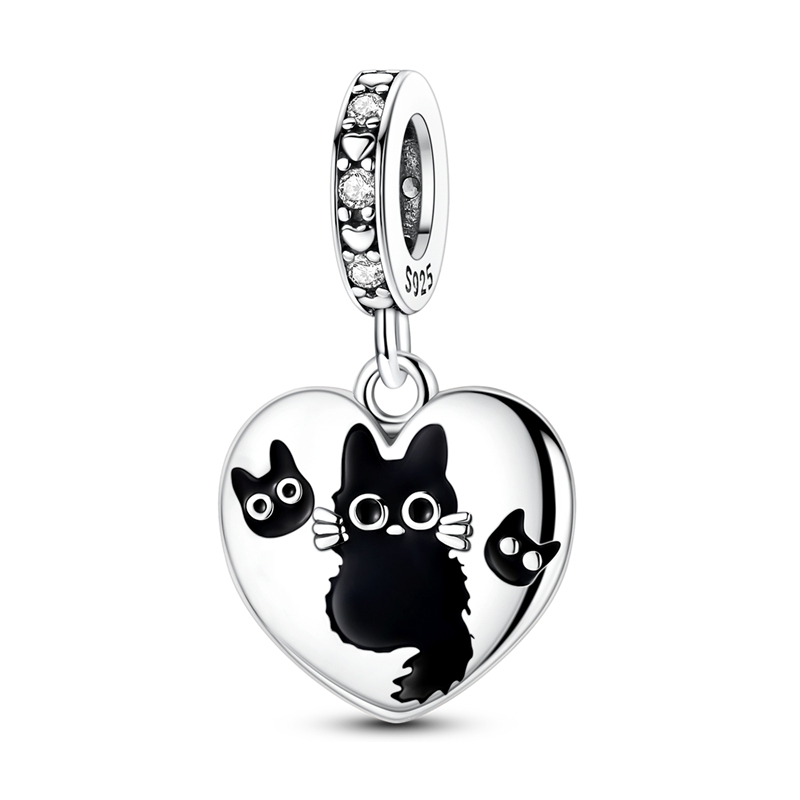 Voroco 925 Sterling Silver Black Cat Enamel Charm Bead For Bracelet - DIY Women's Gift - Oxidized Silver With CZ