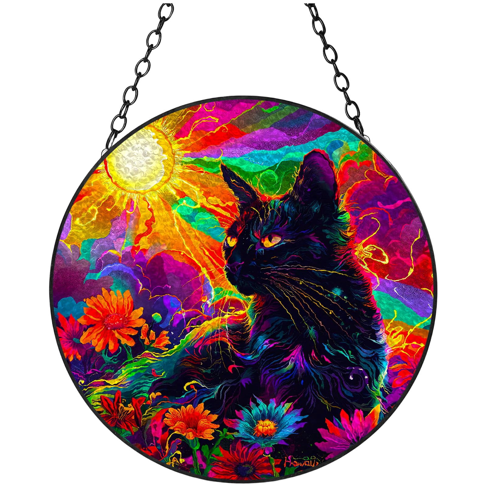 Cartoon Black Cat with Flowers Sun Stained Glass Suncatcher Handmade ...