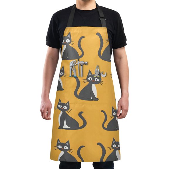 Cartoon Black Cat Kitchen Apron with 2 Pockets Adjustable waterproof Cooking Aprons for Women Men Chef