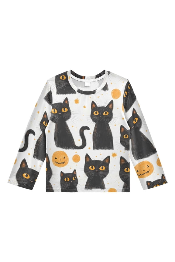 Cartoon Black Cat Pattern Boys' Rash Guard Shirts UPF 50 Plus Sun Protection Short Sleeve Swim Tees 7-8T
