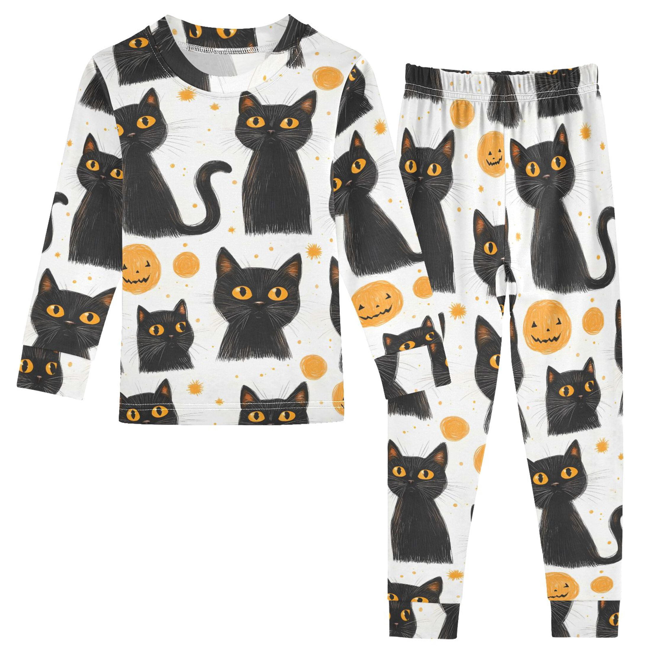 Cartoon Black Cat Pattern Cotton Pajamas 2 Piece Set Sleepwear Soft and ...