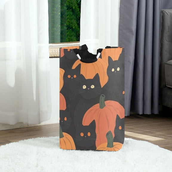 Cartoon Black Cat Pattern Design Foldable Laundry Hamper 12.6x11x22.7in with Handles for Bathroom Bedroom Storage