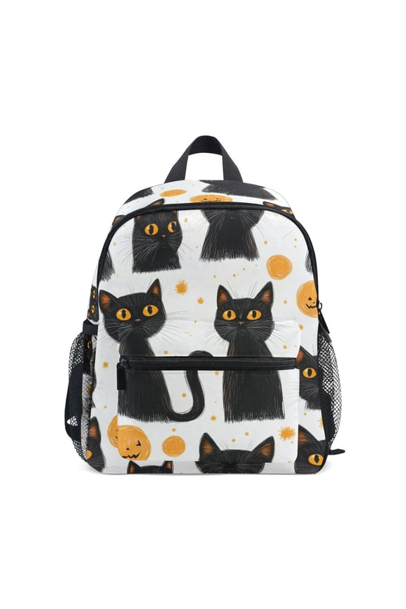 Cartoon Black Cat Pattern Mini Backpack Cute Small Backpack with Chest Strap and Whistle Ages 3-8