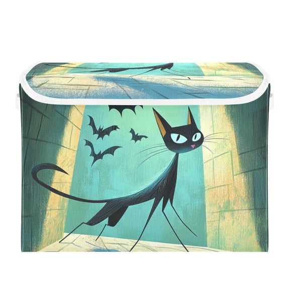 Cartoon Black Cat and Bat Large Storage Bins with Linen Collapsible Lid Storage Box 16.7 x 12.6 x 11.8in