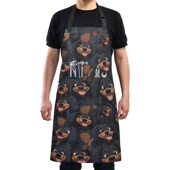 Cartoon Black Dachshund Chef Kitchen Apron with Pockets for Women Waterproof Aprons for Cooking Baking
