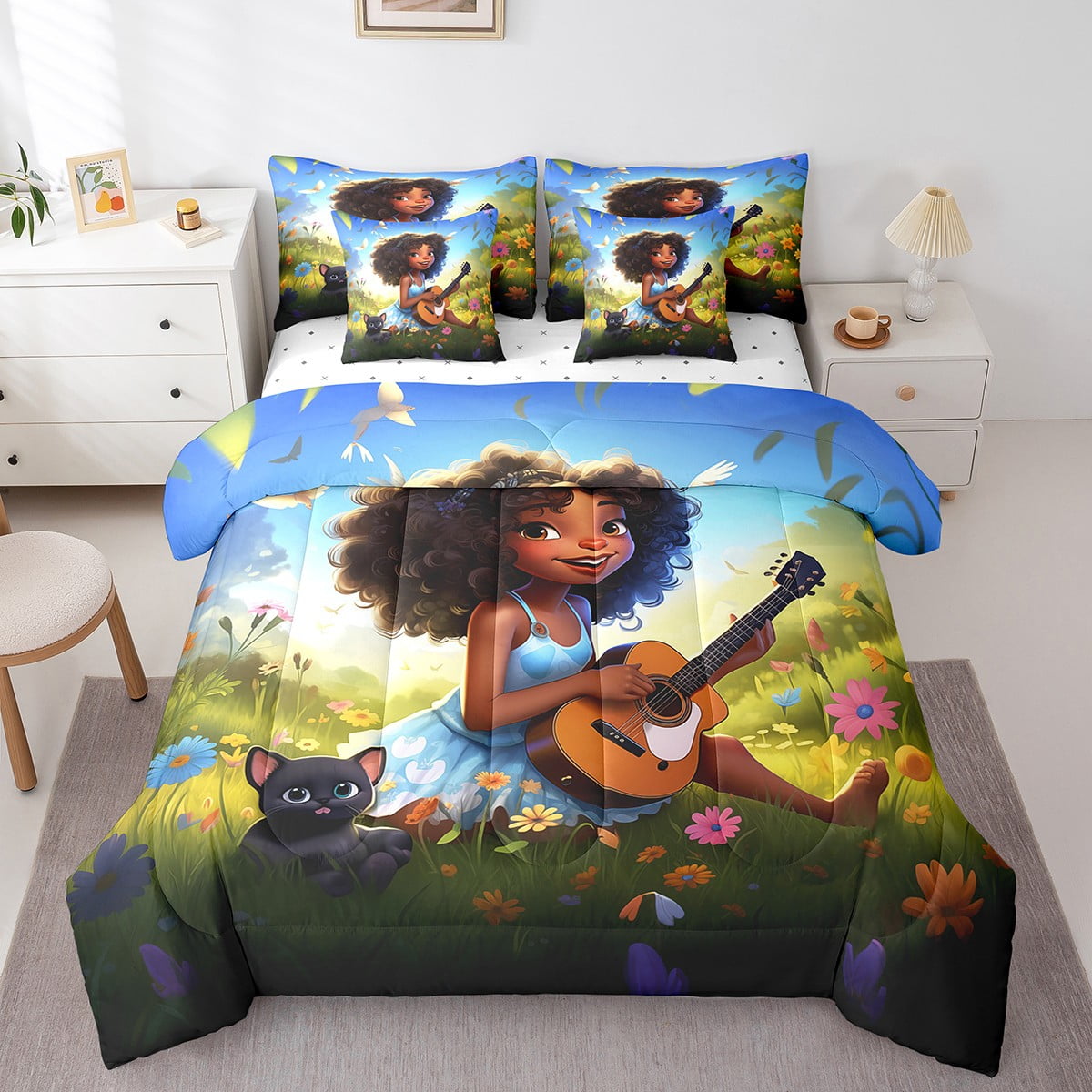 Cartoon Black Girl Twin Comforter Set 7pcs for Girls Princess Bedding Comforter Sets Rainbow Floral Flower Bed in a Bag Cute Black Cat Bedding Set Nature Theme Bed Sheets Set Home Decoration