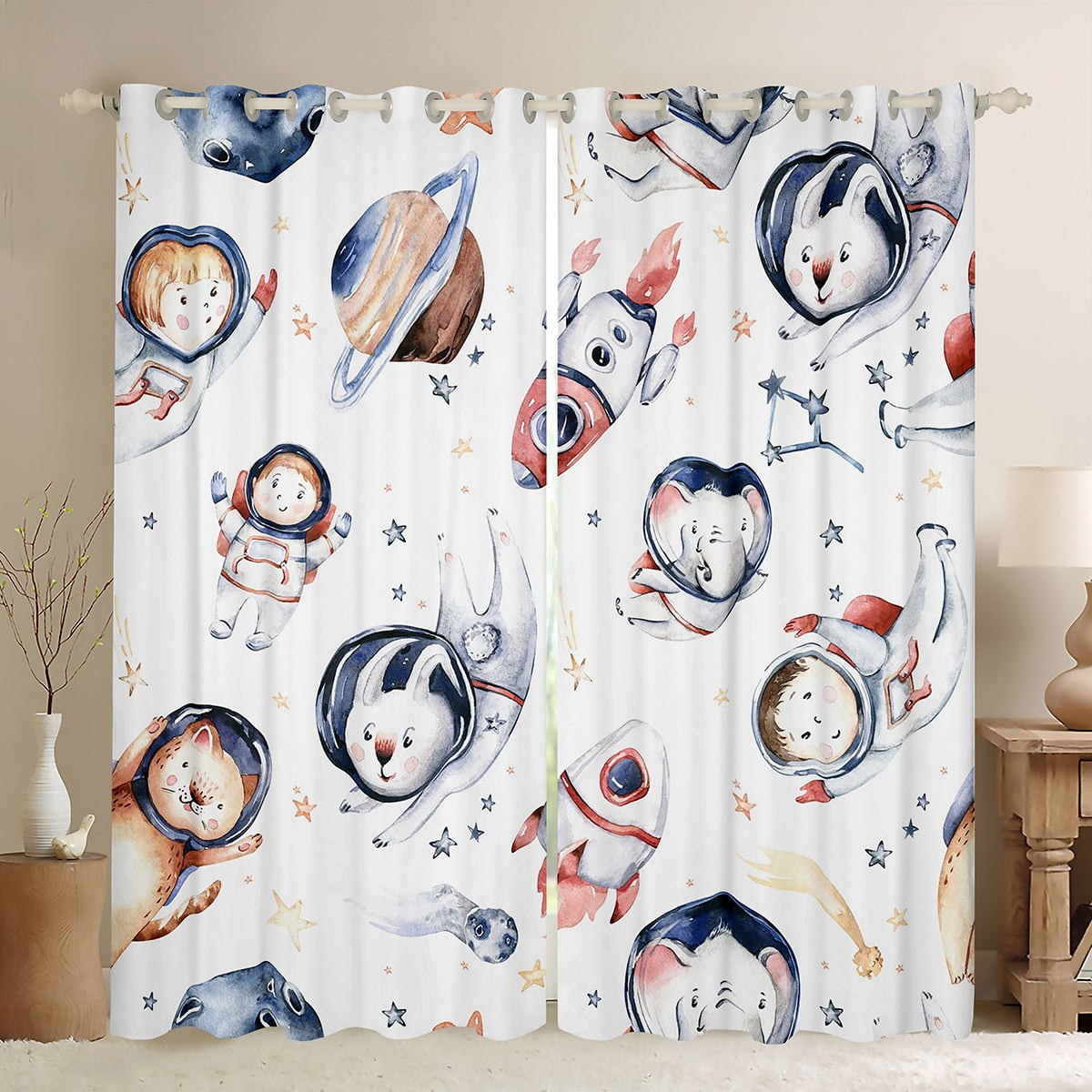 Cartoon Blackout Curtains 38"x54" Set of 2 Panels Outer Space Curtains Cute Animals Astronauts