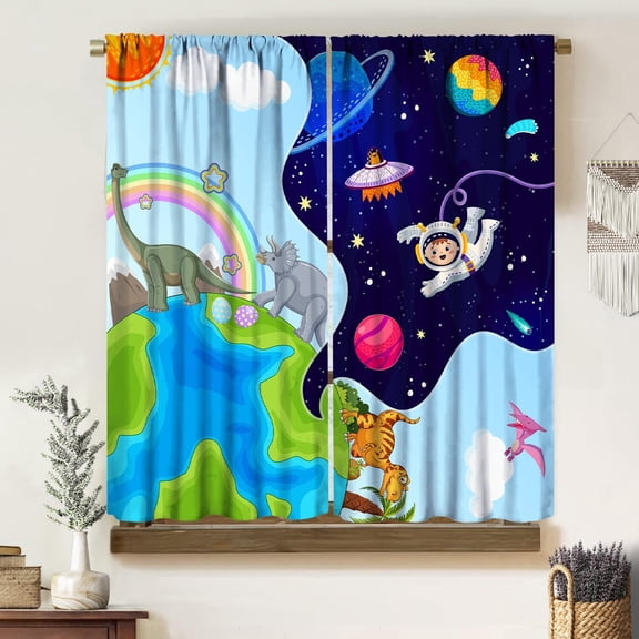 Cartoon Blackout Curtains for Kidsroom,Fun Planet Cartoon Dinosaur Rainbow Blue Sky Patchwork Stars Astronauts Print Rod Pocket Window Treatments Drapes for Nursery Boys Bedroom 63" W X 63" L