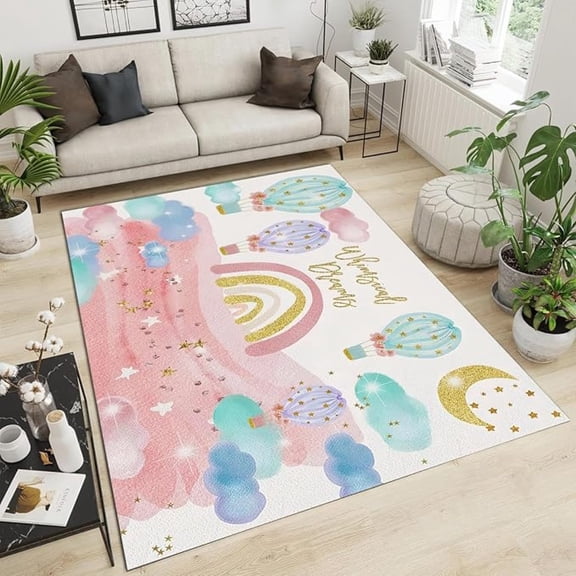 Cartoon Blue Air Balloon Kids Rugs, Cute Pink Clouds Non Slip Area Rug, Machine Washable Carpet For Indoor Living Room Bedroom Office Decor Mat 1x2ft