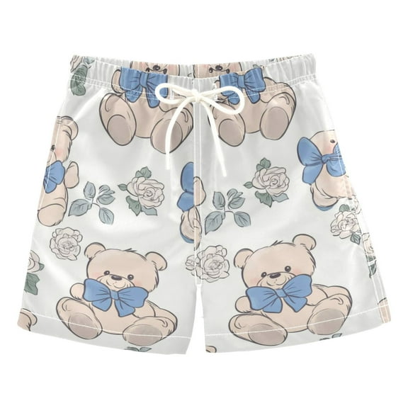 Cartoon Blue Bears Boys Swim Trunks Quick Dry Boy Swim Shorts for 3-14 Years