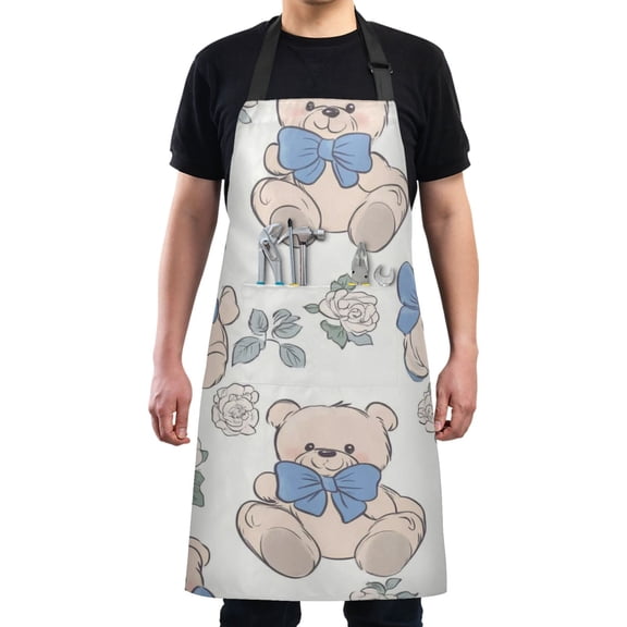 Cartoon Blue Bears Chef Kitchen Apron with Pockets for Women Waterproof Aprons for Cooking Baking