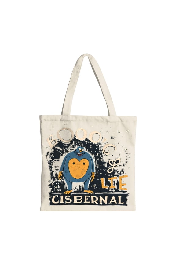Cartoon Blue Creature Tote Bag - Whimsical ' BOO ' Design with Yellow Heart Distressed Background - Perfect Reusable Canvas Bag for Parties Travel & Shopping