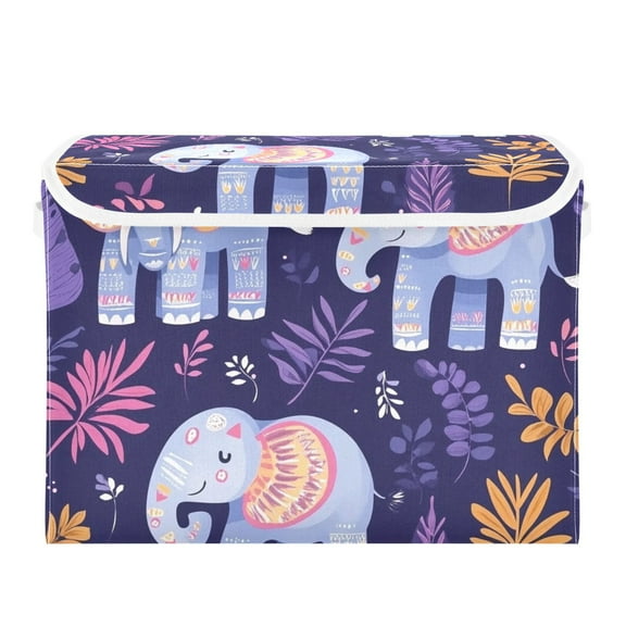 Cartoon Blue Elephant Large Storage Bins with Linen Collapsible Lid Storage Box 16.7 x 12.6 x 11.8in