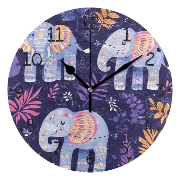 Cartoon Blue Elephant Round Wall Clock Silent Battery Operated Home Decor for Living Room Bedroom