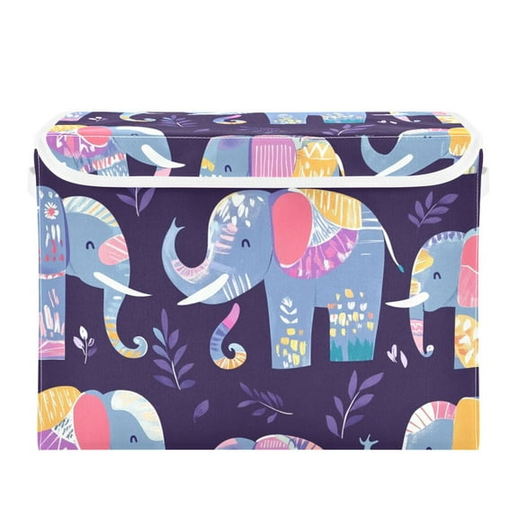 Cartoon Blue Elephants Large Storage Bins with Linen Collapsible Lid Storage Box 16.7 x 12.6 x 11.8in