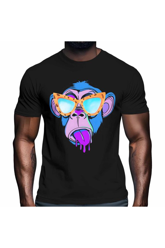 Cartoon Blue Monkey Men's T Shirts Cute Monkey with Glasses T-Shirt for Men Crew Neck Tees Cotton Tops Black, 2XL