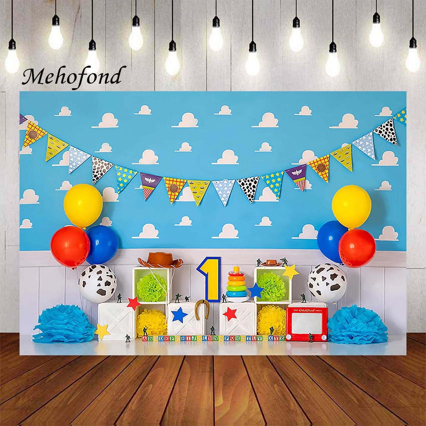 Cartoon Blue Sky White Cloud Toy Boy 1st Birthday Cake Smash Portrait r ...