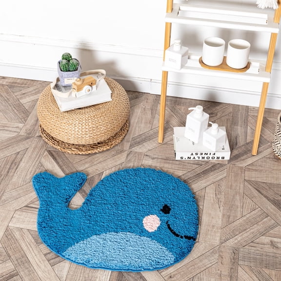 Cartoon Blue Whale Living Room Rugs Cute Kid's Playmat Non Slip Shower Mat Machine Washable Microfiber Water Absorbent Floor Mat 18x24Inch