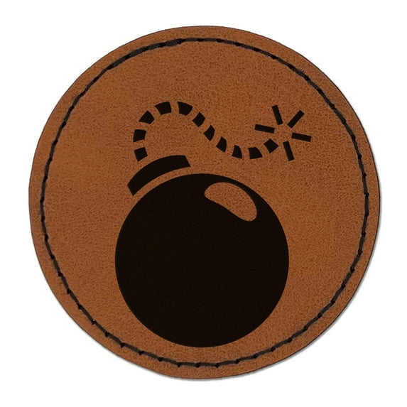 Cartoon Bomb with Fuse 2.5" Faux Leather Round Engraved Iron-On Patch - Brown
